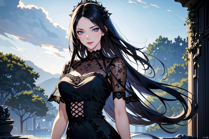 bust,face shot,face close-up,(lace_trim:1.3),1girl,solo_female,(black hair),(black lace trim dress:1.3),perfect figure,Straight hair,fair face,watery eyes,cherry like red lips,(solo:1.2),smooth skin,(highly detailed and beautiful eyes:1.5),smooth skin,fair skin,clean face,tender skin,sexy girl,(standing:1.3),Temptation,allure,sexiness,RoyalSister Face,front view,evil smile,evil,outdoors,sky,gloomy,atmosphere,(from_below:1.2),seductive_smile,floating hair,front view,