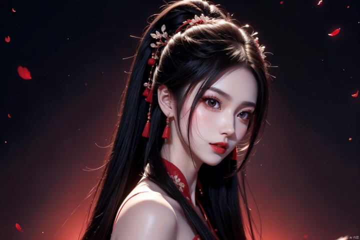 (solo:1.2),bare shoulders,1girl,solo_female,(black hair),single Extra long Low ponytail,single very long Low ponytail,red cheongsam,perfect figure,fair face,watery eyes,cherry like red lips,smooth skin,(highly detailed and beautiful eyes:1.5),smooth skin,fair skin,clean face,tender skin,sexy girl,(standing:1.3),high neck,neck_ruff,chinese_knot,(very long hair:1.3),(long hair:1.3),RoyalSister Face,outdoors,red cheongsam,crystal_earrings,night,dark,unhappy,angry,night,dark background,dark tone,upper_body,from side,side_view,floating_hair,