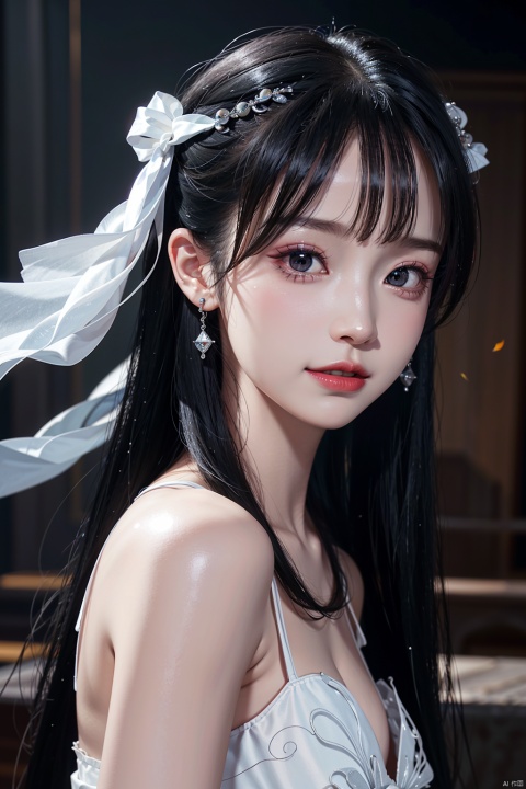  upper_body,bust,portrait,face close-up,(white dress:1.3),standing,light in eyes,Earrings,light smile,1girl,solo_female,(black hair),h,perfect figure,Straight hair, fair face, watery eyes, red lips,, (solo: 1.2), smooth skin, (highly detailed and beautiful eyes) , smooth skin, fair skin, clean face, tender skin, sexy girl,indoors,,dark background,black wall, purpleface,Stage, spotlight