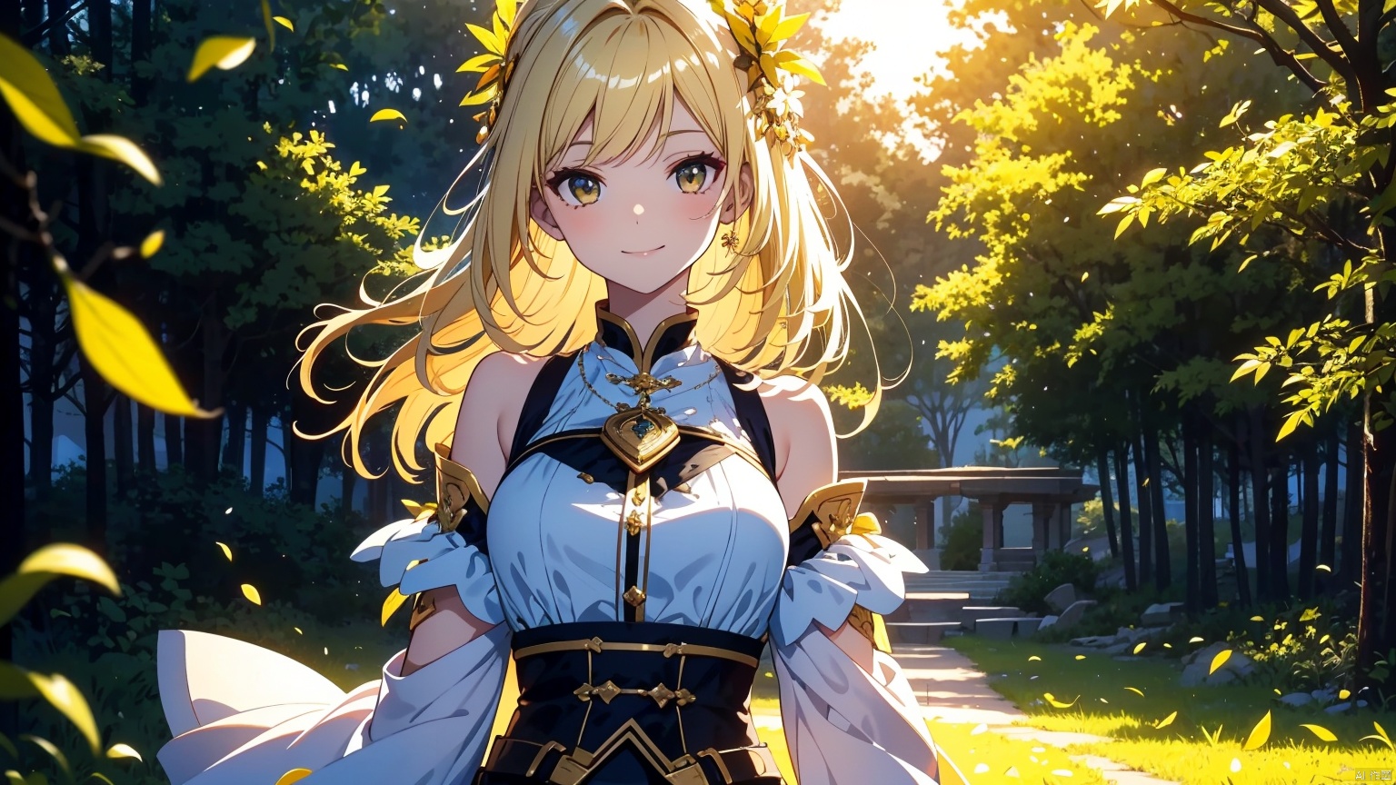 best quality,masterpiece,highres,cg,bust photo,face close-up,face shot,a beautiful girl,cute,sweet,hair detail,thin bangs,off-the-shoulder,suspenders,vest,sleeveless vest,jewel-decorated clothes,short skirt,transparent long gloves,fashion,sexy,air bangs,8K,super detailed,delicate embroidery,pendant,lots of gemstone decorations,fine fabric texture,soft,supple,smooth texture,crystal clear,crystal texture,Photograph,high resolution,4k,8k,Bokeh,Royalsister face,long hair,white dress,beautiful,1girl,solo,mature,standing,blonde hair,*****,queen,forest,gold forest,dusk,sunset,yellow sky,yellow leaves,yellow leaf,smile,smiling,cute,happiness