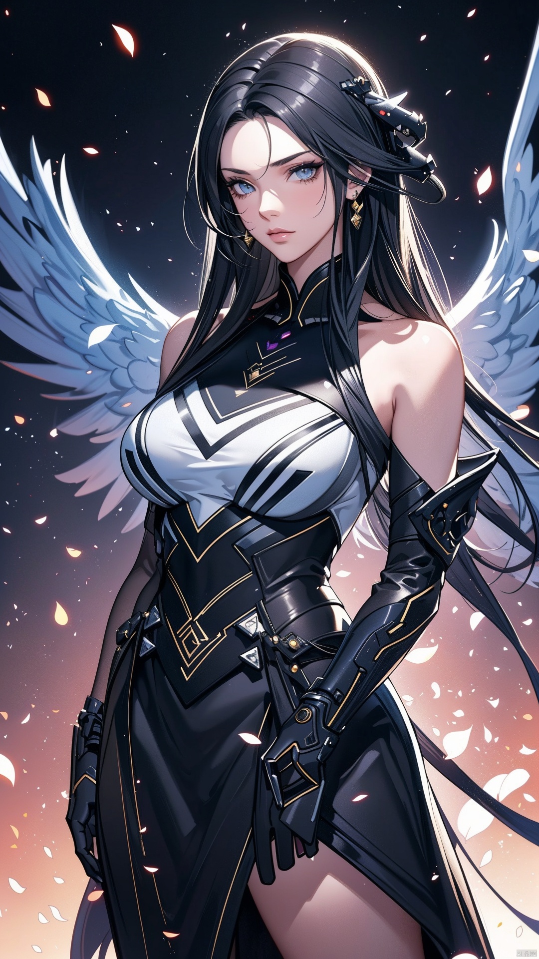 1girl,Straight hair,long_hair,gray Combat Mech, (Pretty Girl),  bare Shoulder, Huge Breasts, Exquisite Mechanical Feeling, Details, Mech Wings, Elegance, gray Mech, Luminous Eye,Black hair, gray round armor, smooth, wings,bare shoulder,luminous decoration
masterpiece, best quality, official art, extremely detailed CG Unity 8k wallpaper, bright light,
(light particles, (illustration), (color) ,good-looking, perfect, (flat painting), (heavy brushstrokes), (bold lines), highest image quality, 
masterpiece, fine, long eyelashes, ((contour)), extremely detailed background description, gray off the shoulder skirt, mottled, (character close-up), correct and accurate hand painting, accurate and precise fingers, (Science Fiction), Future, Cyberpunk,, fazhenn
, cyberpunk, RoyalSister Face