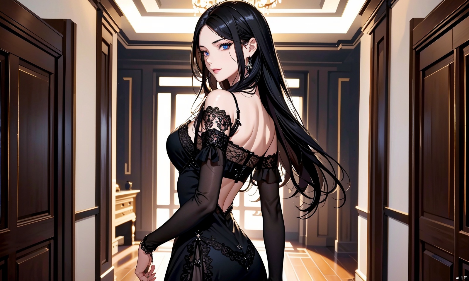 bust,upper body,cowboy shot,from side,(lace_trim:1.3),light smile,1girl,solo_female,(black hair),(black lace trim dress:1.3),perfect figure,Straight hair,fair face,watery eyes,cherry like red lips,(solo:1.2),smooth skin,(highly detailed and beautiful eyes:1.5),smooth skin,fair skin,clean face,tender skin,sexy girl,(standing:1.3),Temptation,allure,sexiness,RoyalSister Face,indoors,corridor,