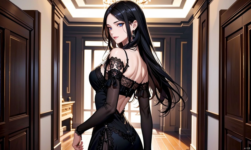 bust,upper body,cowboy shot,from side,(lace_trim:1.3),light smile,1girl,solo_female,(black hair),(black lace trim dress:1.3),perfect figure,Straight hair,fair face,watery eyes,cherry like red lips,(solo:1.2),smooth skin,(highly detailed and beautiful eyes:1.5),smooth skin,fair skin,clean face,tender skin,sexy girl,(standing:1.3),Temptation,allure,sexiness,RoyalSister Face,indoors,corridor,