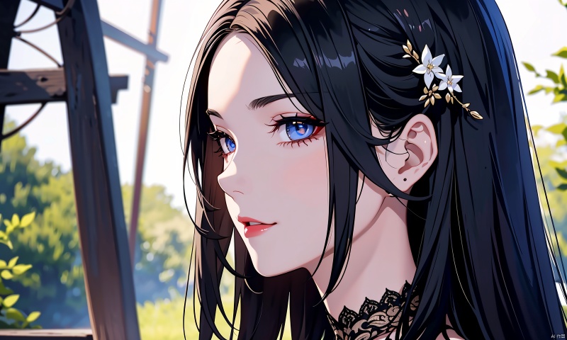 bust,face close-up,from side,(lace_trim:1.3),light smile,1girl,solo_female,(black hair),black lace trim dress,perfect figure,Straight hair,fair face,watery eyes,cherry like red lips,(solo:1.2),smooth skin,(highly detailed and beautiful eyes:1.5),smooth skin,fair skin,clean face,tender skin,sexy girl,outdoors,(standing:1.3),Temptation,allure,sexiness,RoyalSister Face,