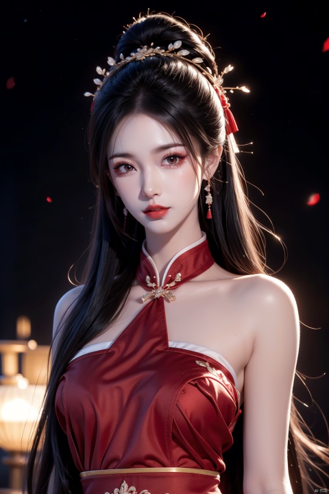 (solo:1.2),bare shoulders,1girl,solo_female,(black hair),single Extra long Low ponytail,single very long Low ponytail,red cheongsam,perfect figure,fair face,watery eyes,cherry like red lips,smooth skin,(highly detailed and beautiful eyes:1.5),smooth skin,fair skin,clean face,tender skin,sexy girl,(standing:1.3),high neck,neck_ruff,chinese_knot,(very long hair:1.3),(long hair:1.3),RoyalSister Face,outdoors,red cheongsam,crystal_earrings,night,dark,unhappy,angry,night,dark background,dark tone,upper_body,