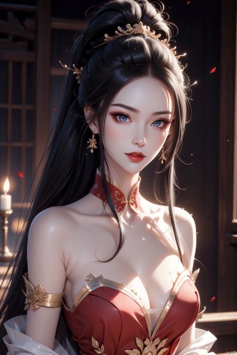 ,(solo:1.2),light smile,bare shoulders,1girl,solo_female,(black hair),single Extra long Low ponytail,single very long Low ponytail,golden eyes,Red cheongsam,perfect figure,fair face,watery eyes,cherry like red lips,smooth skin,(highly detailed and beautiful eyes:1.5),smooth skin,fair skin,clean face,tender skin,sexy girl,indoors,(standing:1.3),Stand up straight,high neck,neck_ruff,chinese_knot,(very long hair:1.3),(long hair:1.3),pony-tail,high ponytail, RoyalSister Face