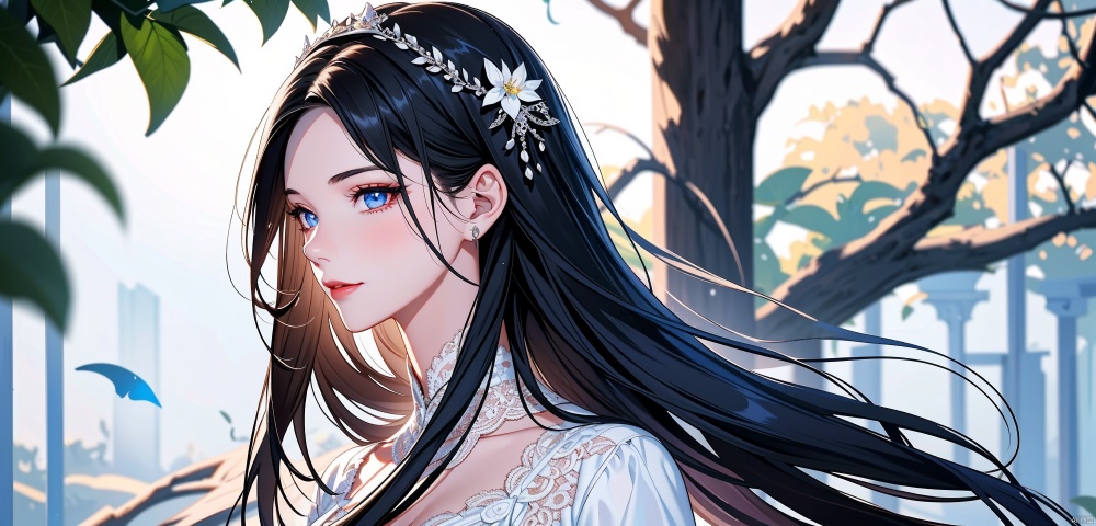 bust,face close-up,from side,(lace_trim:1.3),light smile,1girl,solo_female,(black hair),white lace trim dress,perfect figure,Straight hair, fair face, watery eyes, cherry like red lips,, (solo: 1.2), smooth skin, (highly detailed and beautiful eyes: 1.5) , smooth skin, fair skin, clean face, tender skin, sexy girl,outdoors,(standing:1.3),Temptation, allure, sexiness,