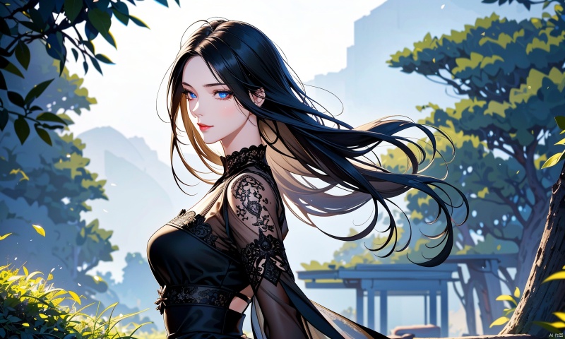 bust,upper body,cowboy shot,from side,(lace_trim:1.3),light smile,1girl,solo_female,(black hair),black lace trim dress,perfect figure,Straight hair,fair face,watery eyes,cherry like red lips,(solo:1.2),smooth skin,(highly detailed and beautiful eyes:1.5),smooth skin,fair skin,clean face,tender skin,sexy girl,outdoors,(standing:1.3),Temptation,allure,sexiness,RoyalSister Face,