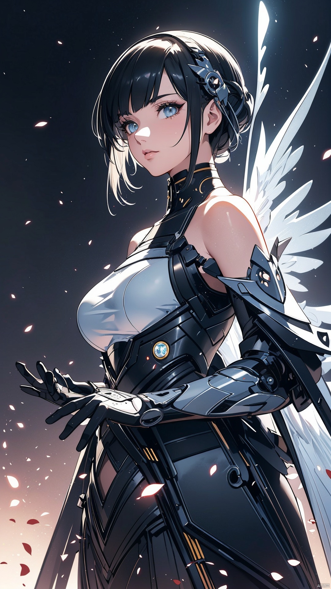 1girl,gray Combat Mech, (Pretty Girl),  bare Shoulder, Huge Breasts, Exquisite Mechanical Feeling, Details, Mech Wings, Elegance, gray Mech, Luminous white Eye,Black hair, gray round armor, smooth, wings,bare shoulder,White luminous decoration
masterpiece, best quality, official art, extremely detailed CG Unity 8k wallpaper, bright light,
(light particles, (illustration), (color) ,good-looking, perfect, (flat painting), (heavy brushstrokes), (bold lines), highest image quality, 
masterpiece, fine, long eyelashes, ((contour)), extremely detailed background description, gray off the shoulder skirt, mottled, (character close-up), correct and accurate hand painting, accurate and precise fingers, (Science Fiction), Future, Cyberpunk,, fazhenn
, cyberpunk