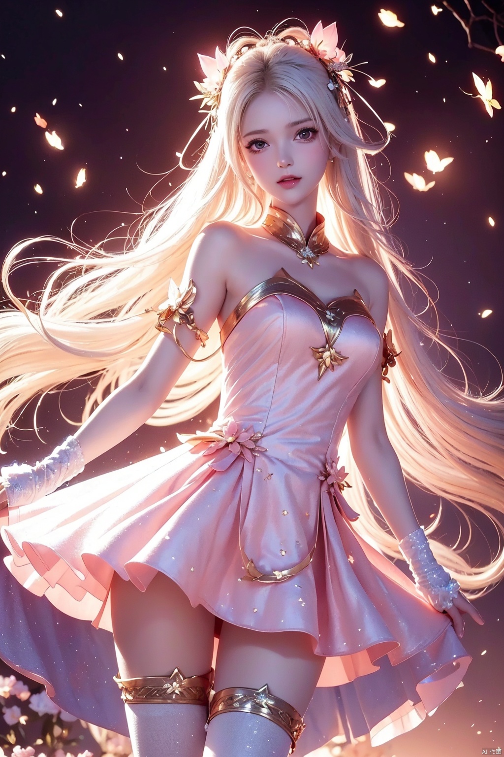  (three quarters body shot:1.4),(masterpiece),(top quality, best quality, official art, beauty and aesthetics:1.2),cg photos,white hair,(solo:1.2),mature_female,Peach blossoms, pink clothes, short skirts, white stockings,closed_mouth,bare_shoulders,(tight:1.2),bare_shoulder,Short neck,Bright tones,sexy girl,bright,light,Royal Sister,night,,RoyalSister face,,round face,baby face,print,looking_at_viewer,Peach blossoms,pink flower,pink petal,starry,star_(sky), RoyalSister Face
