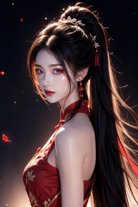(solo:1.2),bare shoulders,1girl,solo_female,(black hair),single Extra long Low ponytail,single very long Low ponytail,red cheongsam,perfect figure,fair face,watery eyes,cherry like red lips,smooth skin,(highly detailed and beautiful eyes:1.5),smooth skin,fair skin,clean face,tender skin,sexy girl,(standing:1.3),high neck,neck_ruff,chinese_knot,(very long hair:1.3),(long hair:1.3),RoyalSister Face,outdoors,red cheongsam,crystal_earrings,night,dark,unhappy,angry,night,dark background,dark tone,upper_body,from side,side_view,floating_hair,