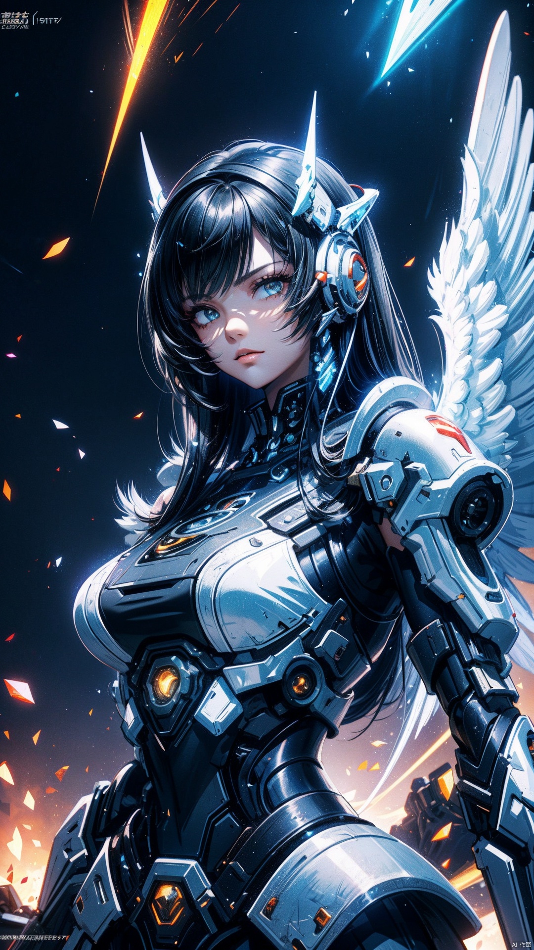 1girl,black-hair,Straight hair,long_hair,gray Combat Mech, (Pretty Girl),  bare Shoulder, Huge Breasts, Exquisite Mechanical Feeling, Details, Mech Wings, Elegance, gray Mech, Luminous Eye,Black hair, gray round armor, smooth, wings,bare shoulder,luminous decoration
masterpiece, best quality, official art, extremely detailed CG Unity 8k wallpaper, bright light,
(light particles, (illustration), (color) ,good-looking, perfect, (flat painting), (heavy brushstrokes), (bold lines), highest image quality, 
masterpiece, fine, long eyelashes, ((contour)), extremely detailed background description, gray off the shoulder skirt, mottled, (character close-up), correct and accurate hand painting, accurate and precise fingers, (Science Fiction), Future, Cyberpunk,, fazhenn
, cyberpunk, RoyalSister Face