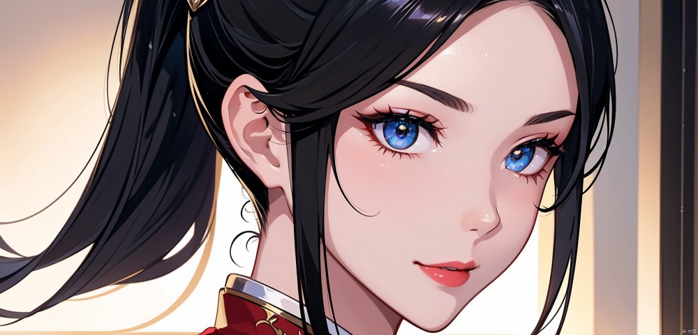 face close-up,from behind,looking back, (solo: 1.2), ,light smile,bare shoulders,1girl,solo_female,(black hair),single Extra long Low ponytail,,single very long Low ponytail, golden eyes,Red cheongsam,,perfect figure, fair face, watery eyes, cherry like red lips,,smooth skin, (highly detailed and beautiful eyes: 1.5) , smooth skin, fair skin, clean face, tender skin, sexy girl,indoors,(standing:1.3),Stand up straight