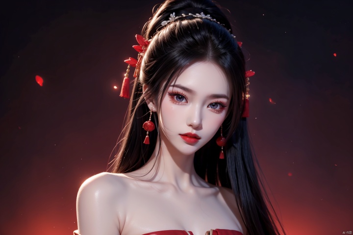 (solo:1.2),bare shoulders,1girl,solo_female,(black hair),single Extra long Low ponytail,single very long Low ponytail,red cheongsam,perfect figure,fair face,watery eyes,cherry like red lips,smooth skin,(highly detailed and beautiful eyes:1.5),smooth skin,fair skin,clean face,tender skin,sexy girl,(standing:1.3),high neck,neck_ruff,chinese_knot,(very long hair:1.3),(long hair:1.3),RoyalSister Face,outdoors,red cheongsam,crystal_earrings,night,dark,unhappy,angry,night,dark background,dark tone,upper_body,bust,