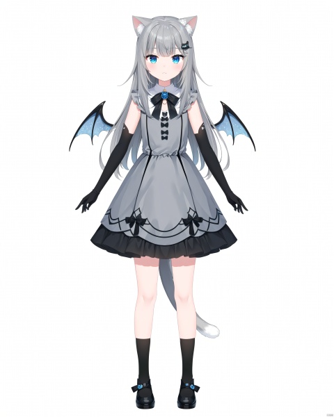 1girl, solo, long hair, looking at viewer, bangs, blue eyes, simple background, hair ornament, gloves, white background, dress, bow, animal ears, closed mouth, standing, tail, full body, grey hair, wings, black gloves, elbow gloves, virtual youtuber, cat ears, black footwear, cat tail, animal ear fluff, cat girl, grey dress, straight-on