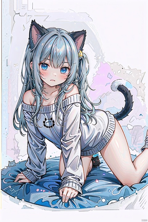  1girl,off-shoulder sweater,simple background,full body,first-person view,handmade style,Grey hair,top-down_bottom-up,doggystyle,nacho,cat girl,tail,blue_eyes, cat ears