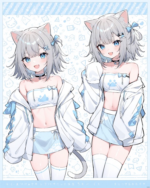 1girl, long hair, looking at viewer, smile, short hair, open mouth, bangs, blue eyes, skirt, shirt, hair ornament, thighhighs, long sleeves, bow, navel, animal ears, bare shoulders, jacket, tail, white shirt, :d, hair bow, grey hair, open clothes, choker, hairclip, fang, midriff, virtual youtuber, cat ears, off shoulder, open jacket, crop top, cat tail, sleeves past wrists, strapless, multiple views, white jacket, cat girl, sleeves past fingers, bandeau, tube top