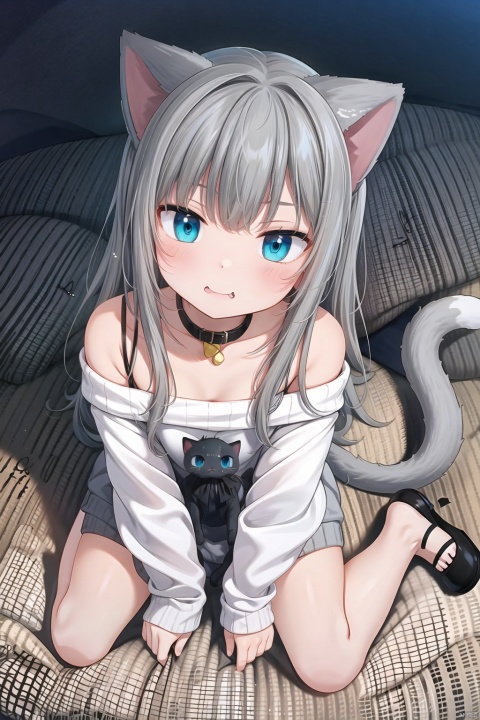  1girl,off-shoulder sweater,simple background,full body,first-person view,handmade style,Grey hair,top-down_bottom-up,doggystyle,nacho,cat girl,tail,blue_eyes, cat ears