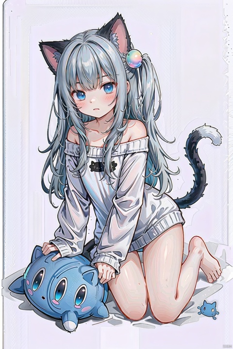  1girl,off-shoulder sweater,simple background,full body,first-person view,handmade style,Grey hair,top-down_bottom-up,doggystyle,nacho,cat girl,tail,blue_eyes, cat ears