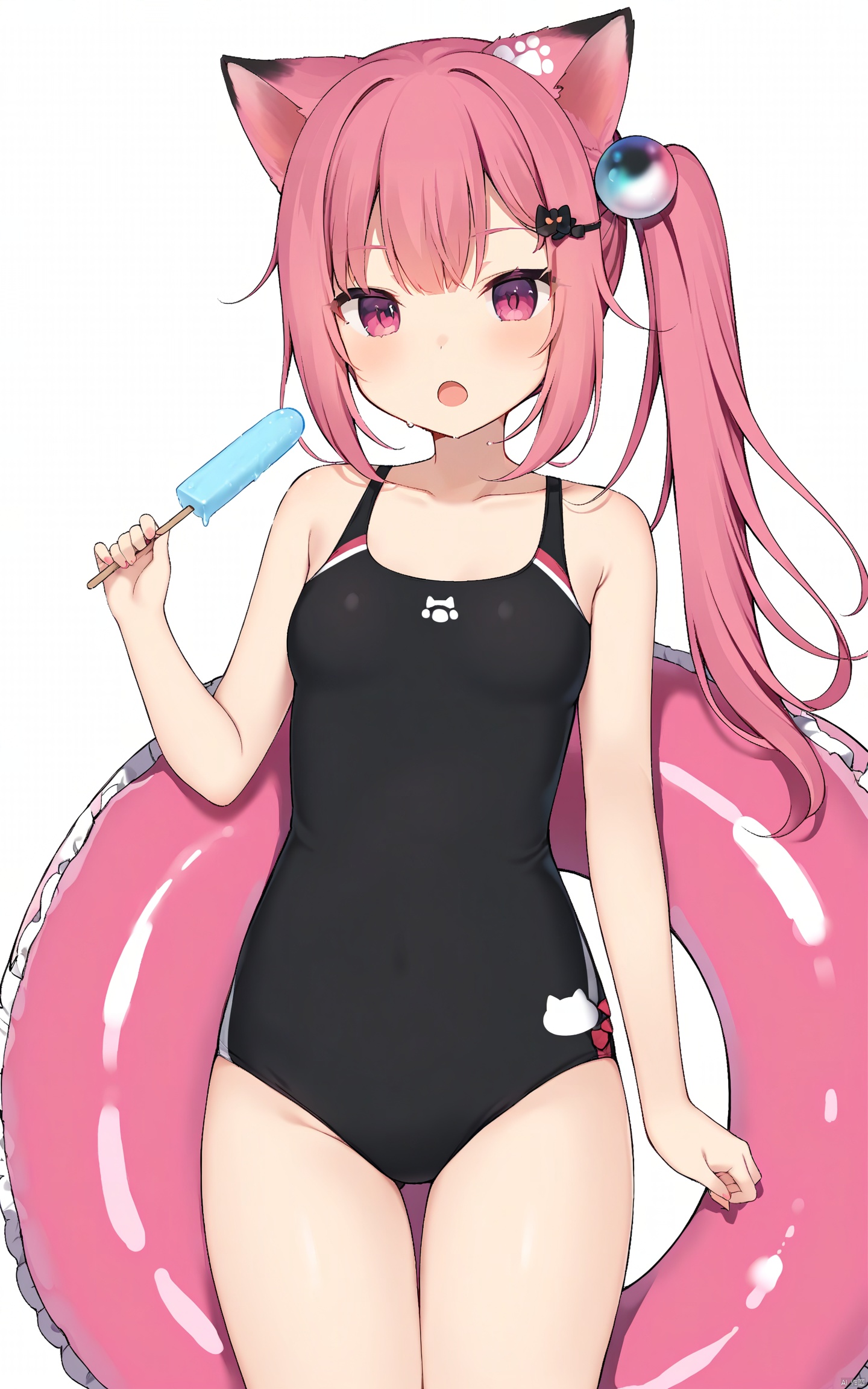  best-a, nachoneko, 1girl, solo, food, pink_hair, swimsuit, long_hair, popsicle, one-piece_swimsuit, hair_ornament, pink_eyes, innertube, animal_ears, open_mouth, holding, virtual_youtuber, side_ponytail, blush, small_breasts, ribbon, breasts, black_one-piece_swimsuit, looking_at_viewer