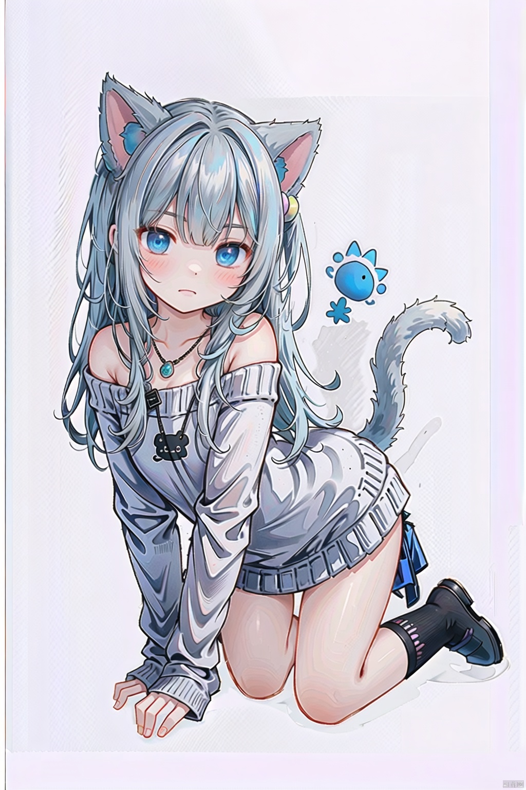  1girl,off-shoulder sweater,simple background,full body,first-person view,handmade style,Grey hair,top-down_bottom-up,doggystyle,nacho,cat girl,tail,blue_eyes, cat ears