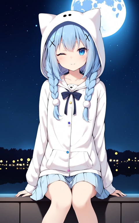 1girl, solo, long hair, skirt, twintails, school uniform, standing, night, moon, letterboxed, full moon, hatsune mikubest-A,nachoneko,masterpiece, bestquality,solo, 1girl, kafuu chino, solo, long hair, one eye closed, twin braids, braid, hood, hair ornament, x hair ornament, blush, pom pom \(clothes\), blue eyes, animal hood, loungewear, sitting, looking at viewer, blue hair