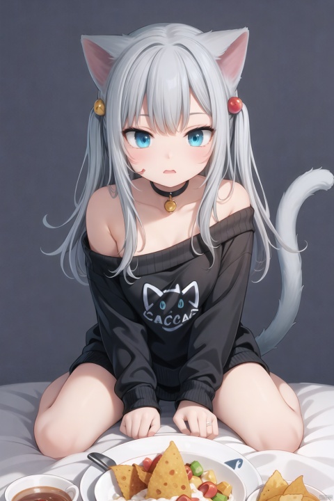  1girl,off-shoulder sweater,simple background,full body,first-person view,handmade style,Grey hair,top-down_bottom-up,doggystyle,nacho,cat girl,tail,blue_eyes, cat ears,bandaid,cat tail, nacho