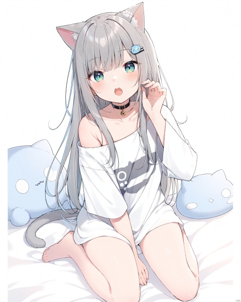 1girlnaked, solo, long hair, looking at viewer, blush, open mouth, bangs, blue eyes, shirt, hair ornament, long sleeves, white background, animal ears, bare shoulders, sitting, very long hair, green eyes, collarbone, tail, white shirt, short sleeves, grey hair, barefoot, choker, hairclip, fang, cat ears, hand up, off shoulder, :o, cat tail, pillow, wariza, stuffed toy, stuffed animal, cat girl, stuffed cat