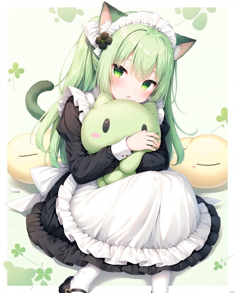 1girl, solo, long hair, looking at viewer, blush, bangs, hair ornament, long sleeves, dress, animal ears, hair between eyes, sitting, green eyes, tail, pantyhose, frills, parted lips, green hair, shoes, puffy sleeves, cat ears, black footwear, apron, black dress, cat tail, animal ear fluff, maid, maid headdress, stuffed toy, stuffed animal, cat girl, juliet sleeves, white apron, maid apron, puffy long sleeves, white pantyhose, frilled apron, object hug, clover, black flower, four-leaf clover, clover hair ornament, four-leaf clover hair ornament