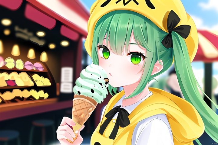 1girlGreen eyes, green hair.A yellow costumeIce cream in hand