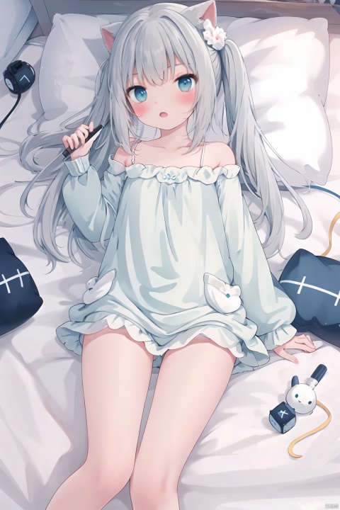  1girl,solo, lying in bed, girl, petite, long hair, bedroom, pillow, whole body, legs,(best quality), (masterpiece), (highres), original, extremely detailed 8K wallpaper, (an extremely delicate) , fll,twintail,White hair,elf,Medium score,