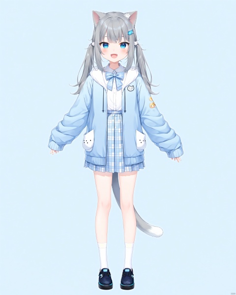 1girl, solo, long hair, looking at viewer, blush, smile, open mouth, bangs, blue eyes, skirt, simple background, shirt, hair ornament, long sleeves, bow, animal ears, twintails, standing, jacket, tail, full body, white shirt, :d, grey hair, pleated skirt, open clothes, shoes, socks, hairclip, fang, collared shirt, virtual youtuber, cat ears, hood, black footwear, open jacket, cat tail, sleeves past wrists, plaid, blue background, blue bow, plaid skirt, hood down, cat girl, white socks, blue jacket, hooded jacket, sleeves past fingers, blue footwear, fish hair ornament