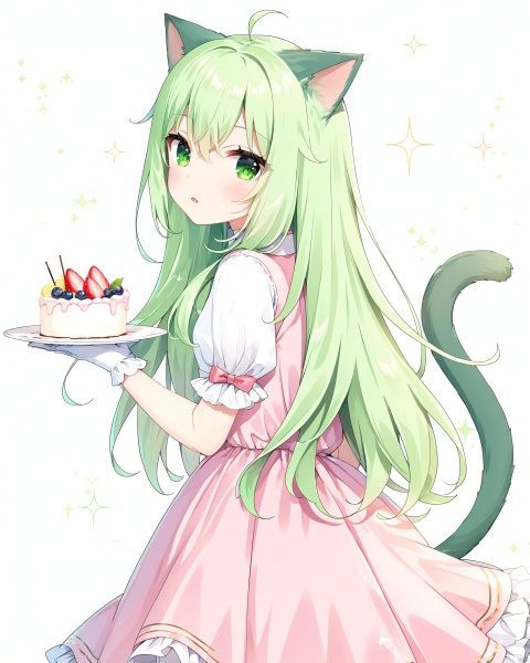 1girl, solo, long hair, looking at viewer, blush, bangs, simple background, shirt, gloves, white background, dress, holding, animal ears, hair between eyes, very long hair, green eyes, tail, white shirt, flower, ahoge, short sleeves, frills, parted lips, food, green hair, sleeveless, puffy sleeves, looking back, cat ears, white gloves, puffy short sleeves, cat tail, looking to the side, sparkle, fruit, sleeveless dress, cat girl, pink dress, plate, tray, cake, strawberry, holding tray, tail raised