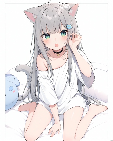 1girlnaked, solo, long hair, looking at viewer, blush, open mouth, bangs, blue eyes, shirt, hair ornament, long sleeves, white background, animal ears, bare shoulders, sitting, very long hair, green eyes, collarbone, tail, white shirt, short sleeves, grey hair, barefoot, choker, hairclip, fang, cat ears, hand up, off shoulder, :o, cat tail, pillow, wariza, stuffed toy, stuffed animal, cat girl, stuffed cat