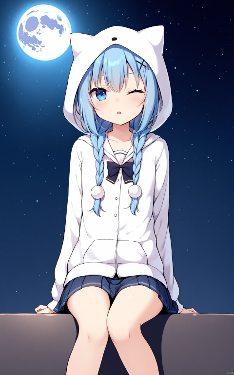 1girl, solo, long hair, skirt, twintails, school uniform, standing, night, moon, letterboxed, full moon, hatsune mikubest-A,nachoneko,masterpiece, bestquality,solo, 1girl, kafuu chino, solo, long hair, one eye closed, twin braids, braid, hood, hair ornament, x hair ornament, blush, pom pom \(clothes\), blue eyes, animal hood, loungewear, sitting, looking at viewer, blue hair