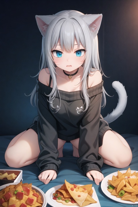  1girl,off-shoulder sweater,simple background,full body,first-person view,handmade style,Grey hair,top-down_bottom-up,doggystyle,nacho,cat girl,tail,blue_eyes, cat ears,bandaid,cat tail, nacho