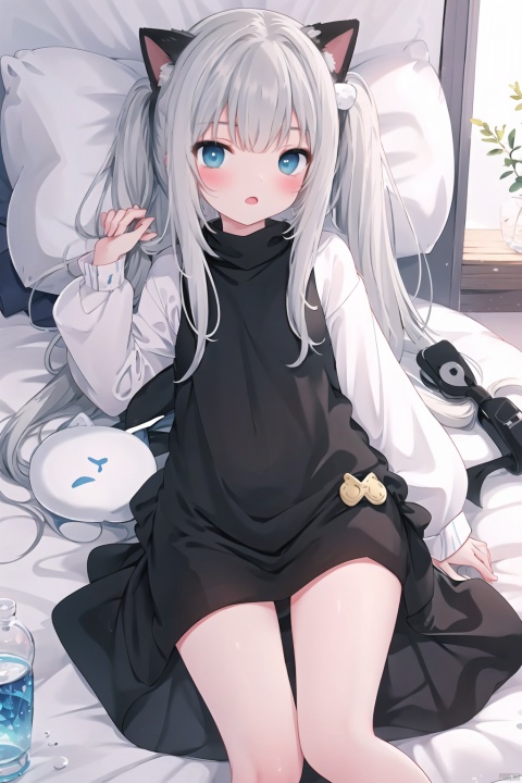  1girl,solo, lying in bed, girl, petite, long hair, bedroom, pillow, whole body, legs,(best quality), (masterpiece), (highres), original, extremely detailed 8K wallpaper, (an extremely delicate) , fll,twintail,White hair,elf,Medium score,
