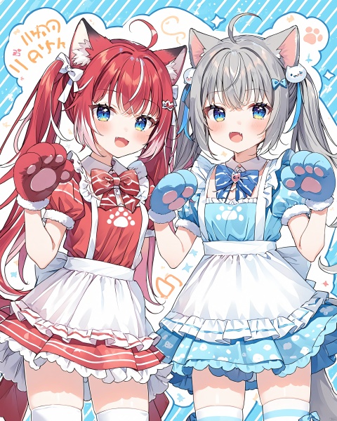 long hair, looking at viewer, blush, smile, open mouth, bangs, blue eyes, multiple girls, hair ornament, thighhighs, gloves, dress, bow, 2girls, animal ears, twintails, tail, ahoge, short sleeves, grey hair, red hair, multicolored hair, fang, puffy sleeves, virtual youtuber, apron, puffy short sleeves, blue dress, red dress, animal hands, paw gloves