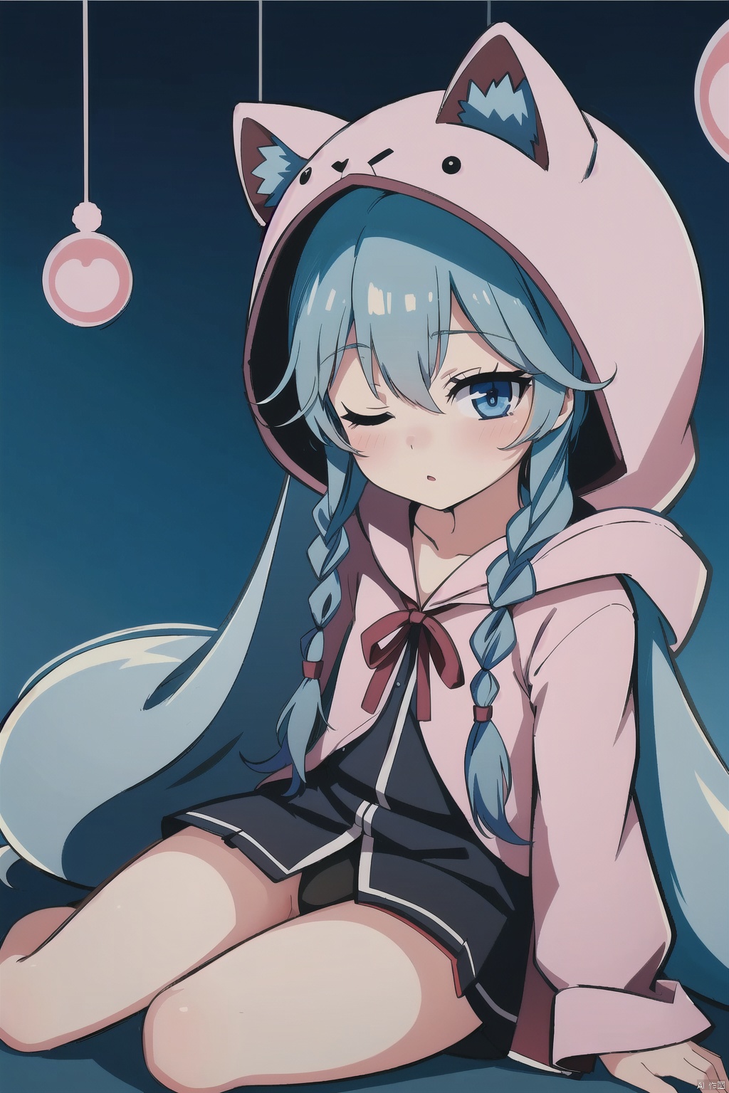 best-A,nachoneko,masterpiece, bestquality,solo, 1girl, kafuu chino, solo, long hair, one eye closed, twin braids, braid, hood, hair ornament, x hair ornament, blush, pom pom \(clothes\), blue eyes, animal hood, loungewear, sitting, looking at viewer, blue hair, Anime