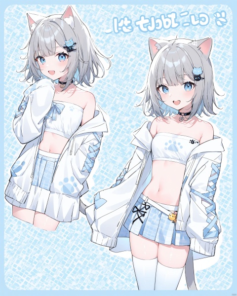 1girl, long hair, looking at viewer, smile, short hair, open mouth, bangs, blue eyes, skirt, shirt, hair ornament, thighhighs, long sleeves, bow, navel, animal ears, bare shoulders, jacket, tail, white shirt, :d, hair bow, grey hair, open clothes, choker, hairclip, fang, midriff, virtual youtuber, cat ears, off shoulder, open jacket, crop top, cat tail, sleeves past wrists, strapless, multiple views, white jacket, cat girl, sleeves past fingers, bandeau, tube top