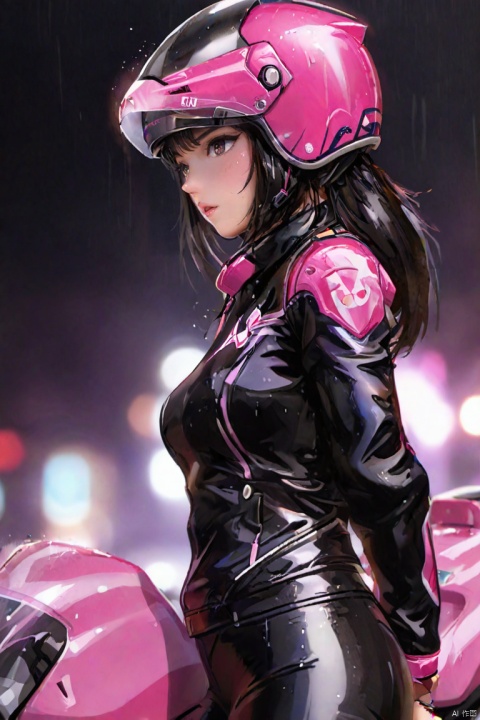  masterpiece, best quality, very detailed CG unified 8k wallpaper, (Concept Style :1.5) (complex detail) (Advanced color) Concept virtual figure's ,
1girl,solo,long hair,breasts,black hair,long sleeves,medium breasts,jacket,outdoors,pants,blurry,from side,official alternate costume,lips,black jacket,wet,eyelashes,bodysuit,profile,night,depth of field,blurry background,facial mark,black pants,helmet,ground vehicle,wet clothes,skin tight,motor vehicle,rain,shiny clothes,pink lips,nose,emblem,wet hair,facepaint,tight,leather,motorcycle,bokeh,leather jacket,tight pants,bunny print,biker clothes,motorcycle helmet,leather pants,on motorcycle,d.va \(overwatch\)
 ,g004,,,,<lora:660447824183329044:1.0>