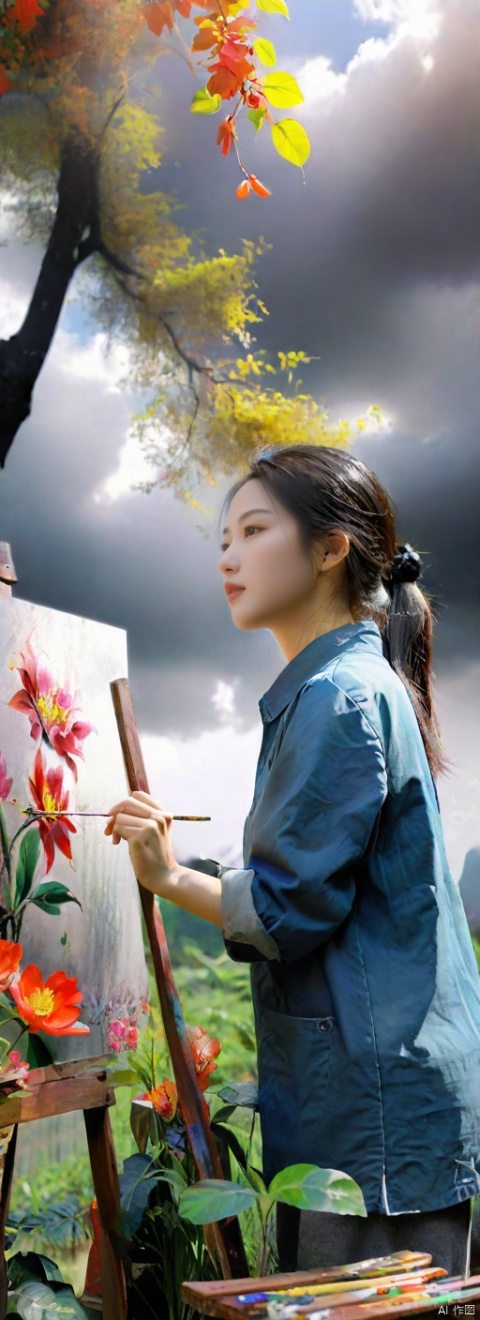  masterpiece, best quality, very detailed CG unified 8k wallpaper, (Concept Style :1.5) (complex detail) (Advanced color) Concept virtual figure's ,
1 chinese girl,solo,
A painter works on a canvas at a war site, depicting a vibrant garden that stands in stark contrast to the desolation around him. Sunlight breaks through the clouds, illuminating his canvas and the hope within him, showing that even in the darkest times, art can bring light.
 ,g004,,,,,,,,,<lora:660447824183329044:1.0>