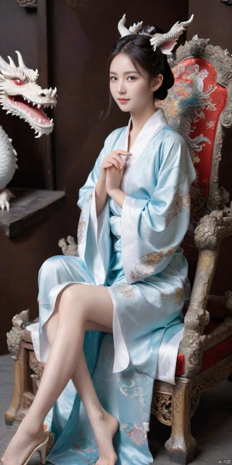  masterpiece, best quality, 1 chinese girl, 
Luxurious palace background, high ponytail, sitting on a high throne, (delicate noble cheeks, little dragon horns on the head), raising bare feet to reveal the white soles of the feet, resting on the armrest of the throne, (lively dragon), (wearing loose robes with a lovely dragon tattooed on the robe), bare feet, delicate bare feet,
g002,,,,<lora:660447824183329044:1.0>