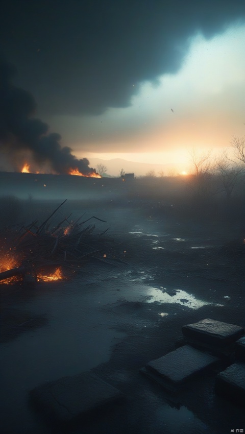 Ruins of a dilapidated battlefield, flames, water, heavy rain,

dramatic,Backlighting,soft contrast,cinematic,hyperdetailed photography,texture,fog,vignette,black and brown color palete,particles,water reflection,depth of field,bokeh,85mm 1.4,rain,sunset,(facing camera:1.1),ray tracing,shadows,ultra sharp,metal,((cold colors)),Epic CG masterpiece,(3D rendering),facing camera,ultra high resolution,(masterpiece),(best quality),(super detailed),(extremely delicate and beautiful),cinematic light,detailed environment,(real),(ultra realistic details:1.5),glass-like sparkling eyes are blurry and dreamy,(finely detailed features),stunning colors,cinematic lighting effects,super wide Angle,light particles,light particle art,glowing,dynamic poses,surreal,futurism,concept art,designed by greg manchess,smoke,trending on art station,photoreal,8 k,octane render by greg rutkowski,art by Carne Griffiths and Wadim Kashin,in the style of Dau-al-Set,Pollock,and inspired by MAPPA and Zdzislaw Beksinski,hand, g021