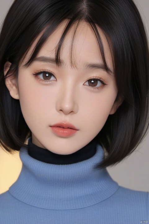  masterpiece,bestquality,8k,4k,
 1girl, solo, black hair, looking at viewer, turtleneck, parted lips, bangs, short hair, sweater, upper body, brown eyes, lips, grey background, blunt bangs, turtleneck sweater, simple background, sweater, sleeveless, g009, g018