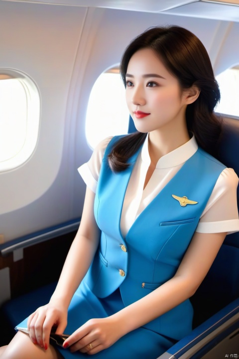 风格;masterpiece,bestquality,8k,4k,
人物;1girl,solo,blackhair,
视角;upperbody
动作;sitting,
服饰;short sleeves, vest, shirt, pencilskirt,Flight Attendant,
场景;cabin, Passenger plane,
脸型;g021