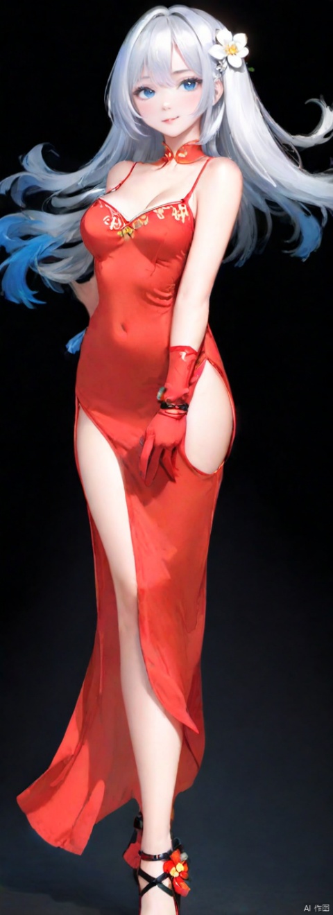 1girl,solo,long hair,breasts,looking at viewer,blush,smile,bangs,blue eyes,simple background,hair ornament,gloves,dress,holding,cleavage,bare shoulders,jewelry,medium breasts,very long hair,closed mouth,standing,full body,flower,white hair,one eye closed,shoes,sleeveless,elbow gloves,hair flower,black footwear,arm up,high heels,bracelet,hand on hip,covered navel,floating hair,sleeveless dress,black background,chinese clothes,red dress,china dress,pelvic curtain,side slit,;\),shose,from_side, tianqiji, g004,<lora:660447824183329044:1.0>