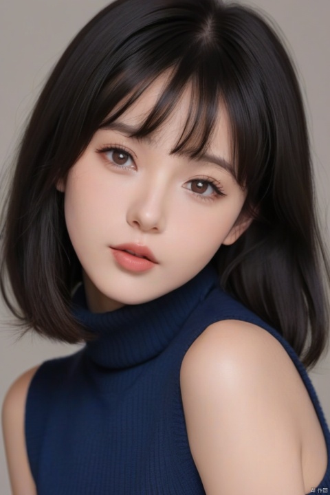  masterpiece,bestquality,8k,4k,
 1girl, solo, black hair, looking at viewer, turtleneck, parted lips, bangs, short hair, sweater, upper body, brown eyes, lips, grey background, blunt bangs, turtleneck sweater, simple background, sweater, sleeveless, g009, g018