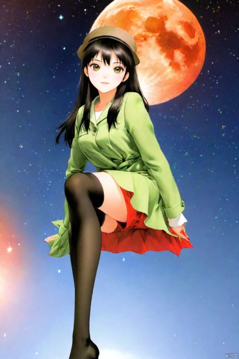  masterpiece, best quality, very detailed CG unified 8k wallpaper, (Concept Style :1.5) (complex detail) (Advanced color) Concept virtual figure's , 1 chinese girl,solo,
slim,sitting_invisible_chair,gentle smile,(black thighhighs),long black hair,blunt bangs, green eyes,(khaki fedora), khaki coat,long light-green dress, light-greenshoes,space background,starry_sky,galaxy,red moon, colors ,
, g006,,,<lora:660447824183329044:1.0>