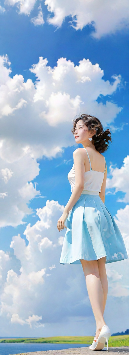  masterpiece, best quality, very detailed CG unified 8k wallpaper, (Concept Style :1.5) (complex detail) (Advanced color) Concept virtual figure's ,
1 chinese girl,solo,
mature woman, wife,full body,busty,Student looking into the distance, side view, light blue sky, huge white clouds, Miyazaki, large landscape, dreamy fresh colours, flat illustrations, Graphic illustration, distant landscape, dreamy color, summer style ,Student looking into the distance, side view, light blue sky, huge white clouds, Miyazaki, large landscape, dreamy fresh colours, flat illustrations, Graphic illustration, distant landscape, dreamy color, summer style,busty,ashion earrings, skirt, curly hair,White high heels, bare legs, path, high heels, photography,Full Length Shot ,Front View,
 ,g004,,,,,,,<lora:660447824183329044:1.0>